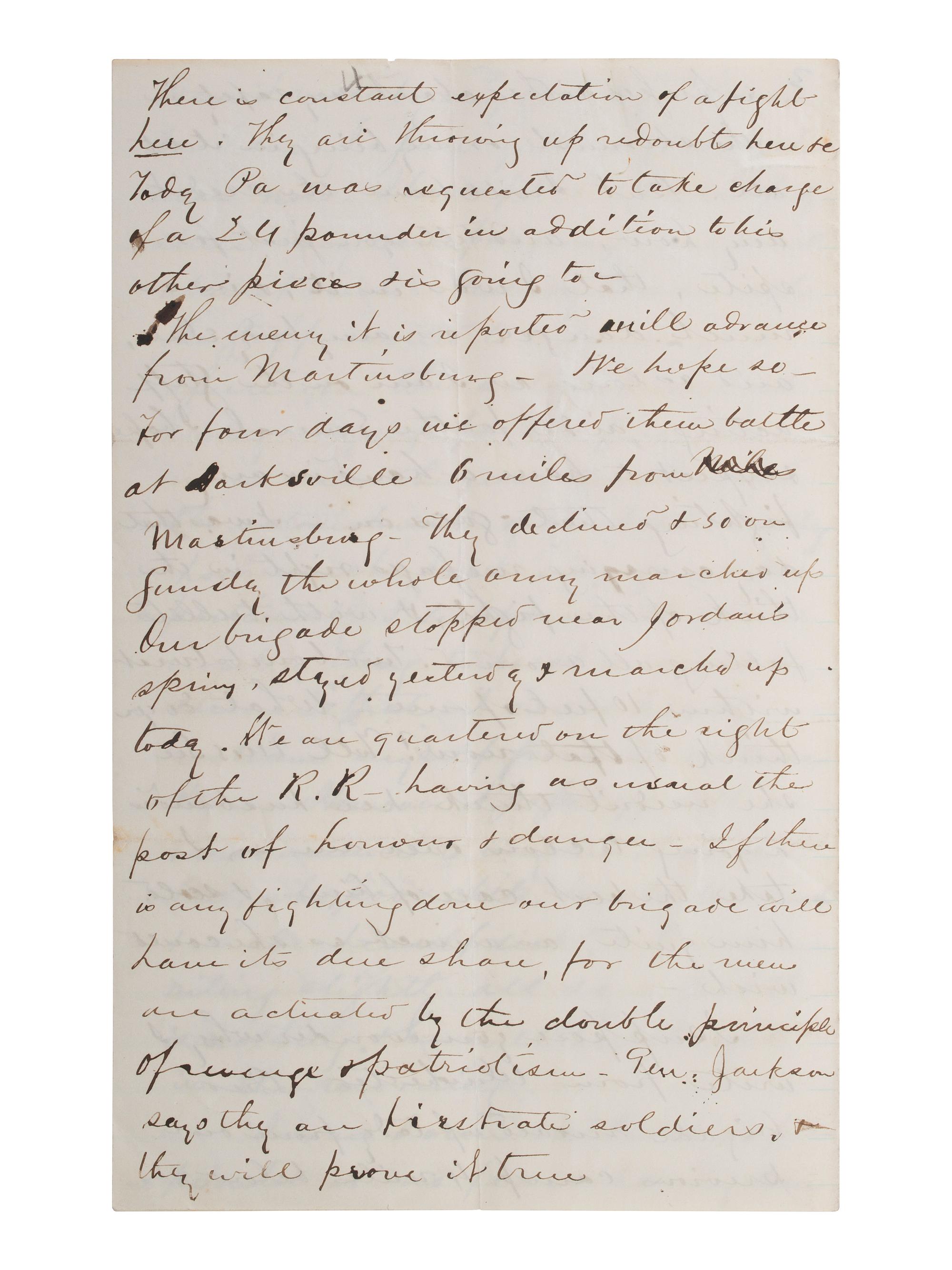 PENDLETON, Alexander Swift "Sandie" (1840-1864). Autograph letter signed ("A.S. Pendleton"). Winchester, [VA], 10 July 1861.