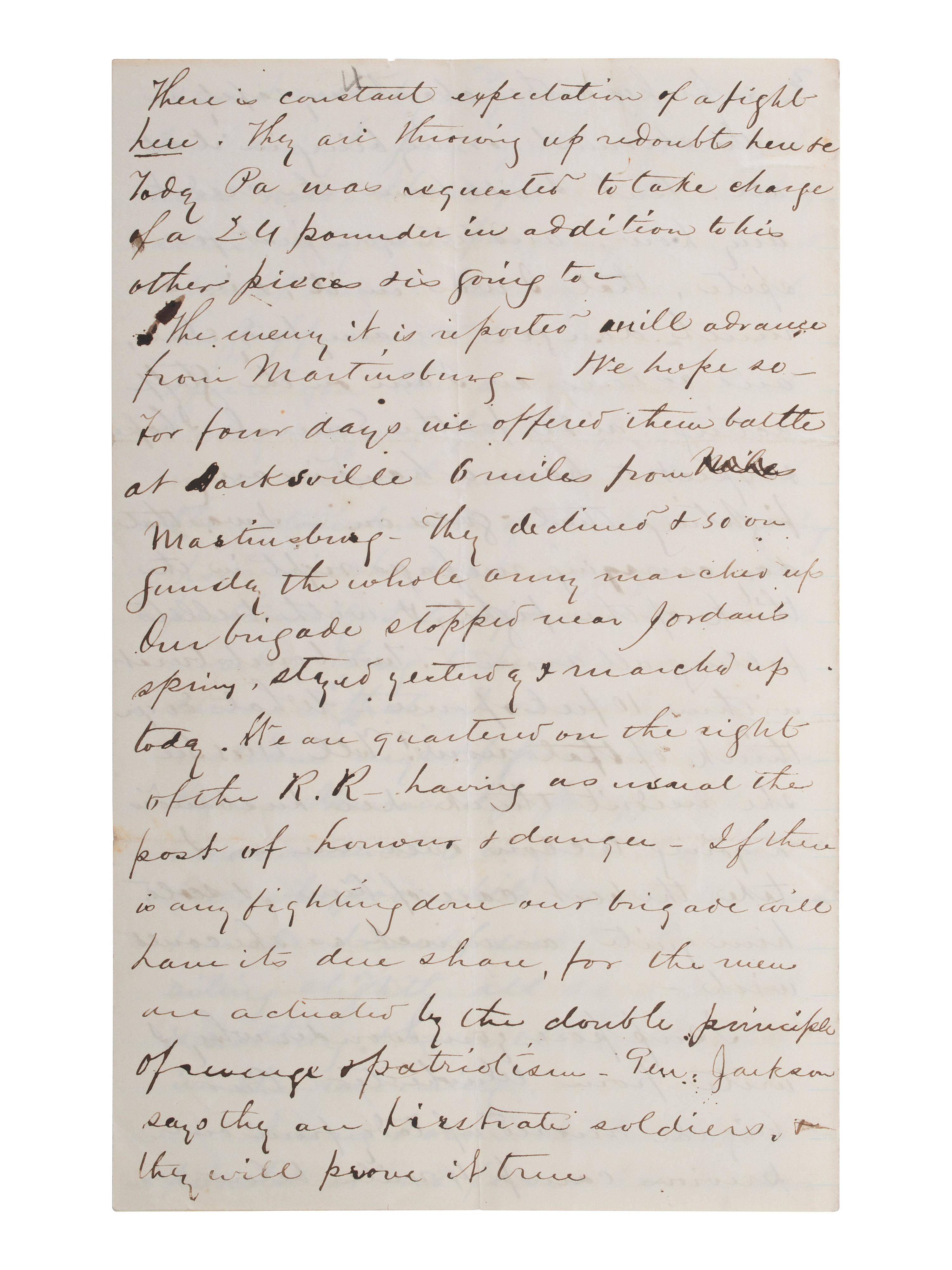 PENDLETON, Alexander Swift "Sandie" (1840-1864). Autograph letter signed ("A.S. Pendleton"). Winchester, [VA], 10 July 1861.