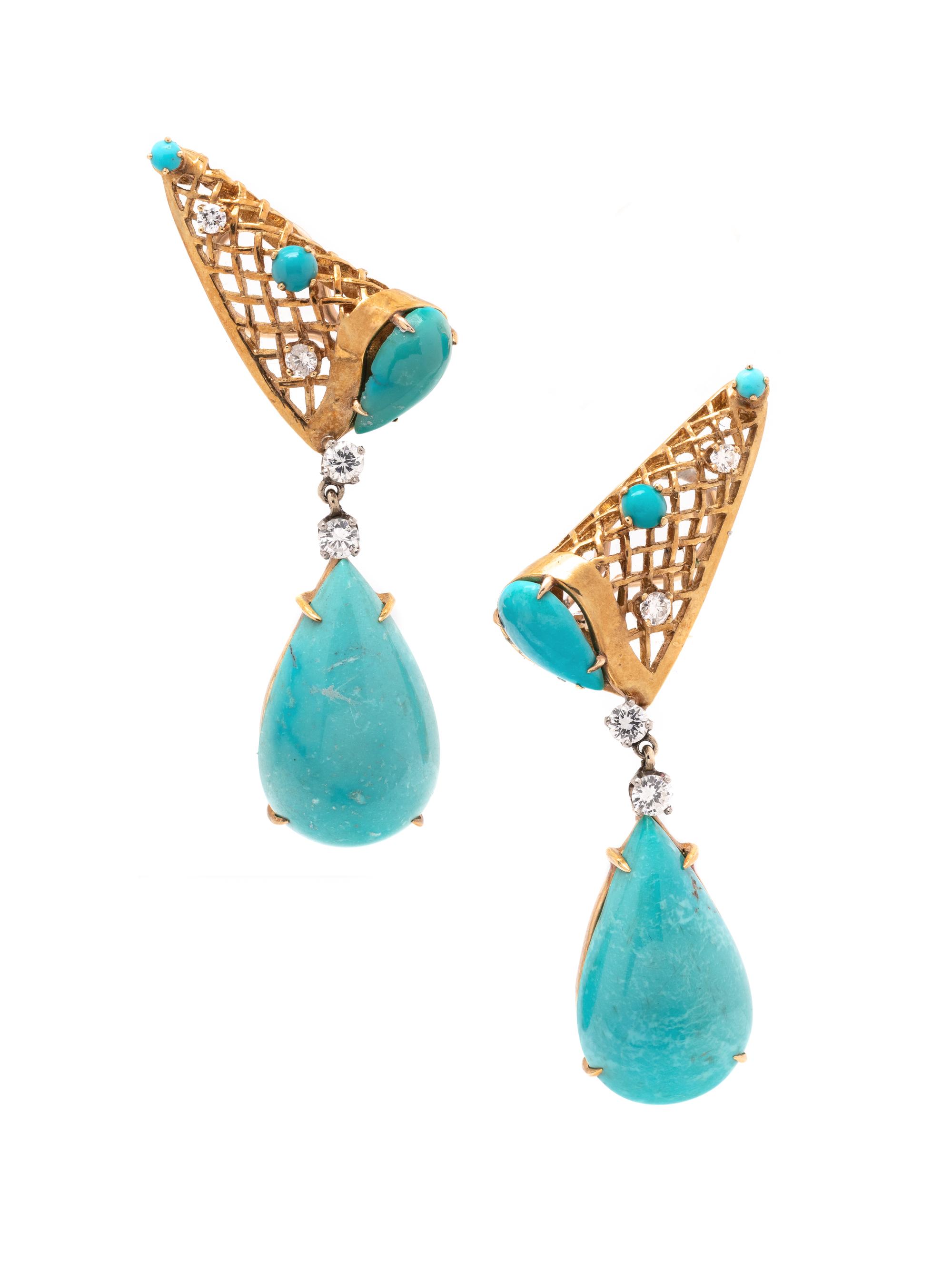 YELLOW GOLD, TREATED TURQUOISE AND DIAMOND EARCLIPS