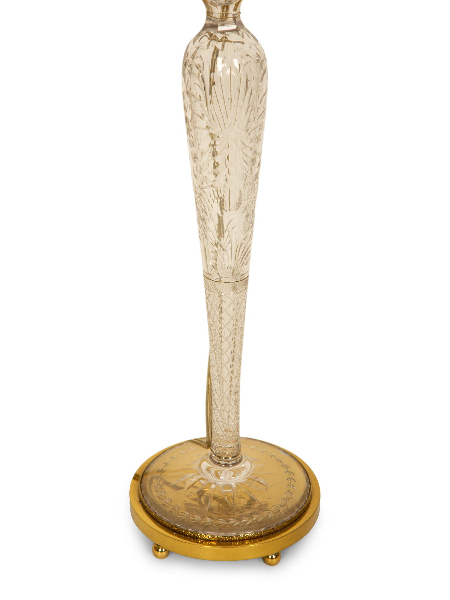 A Pair of Gilt Metal Mounted Cut Glass Candlesticks Mounted as Lamps