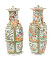 A Pair of Rose Medallion Porcelain Lidded Vases