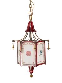 A Chinoiserie Style Painted Metal and Glass Lantern