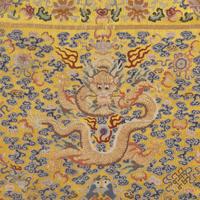 A Large Chinese Yellow Ground Embroidered ’Dragon and Lotus‘ Silk Throne Cover, 18th-19th Century 清中期 黄地绣云龙纹宝座垫