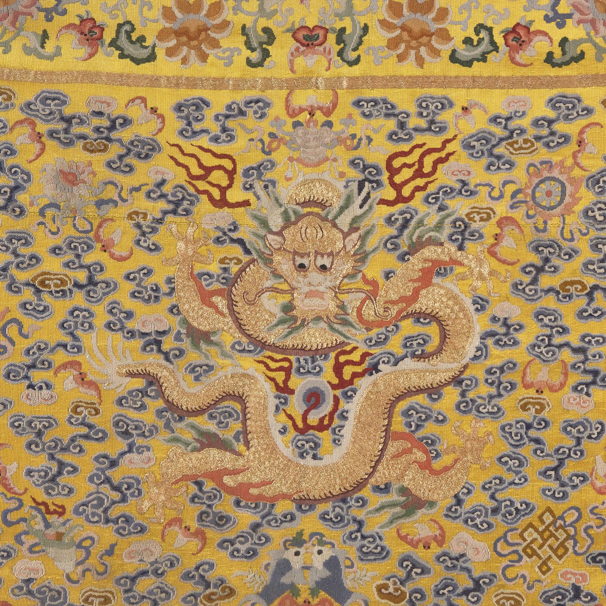 A Large Chinese Yellow Ground Embroidered ’Dragon and Lotus‘ Silk Throne Cover, 18th-19th Century 清中期 黄地绣云龙纹宝座垫
