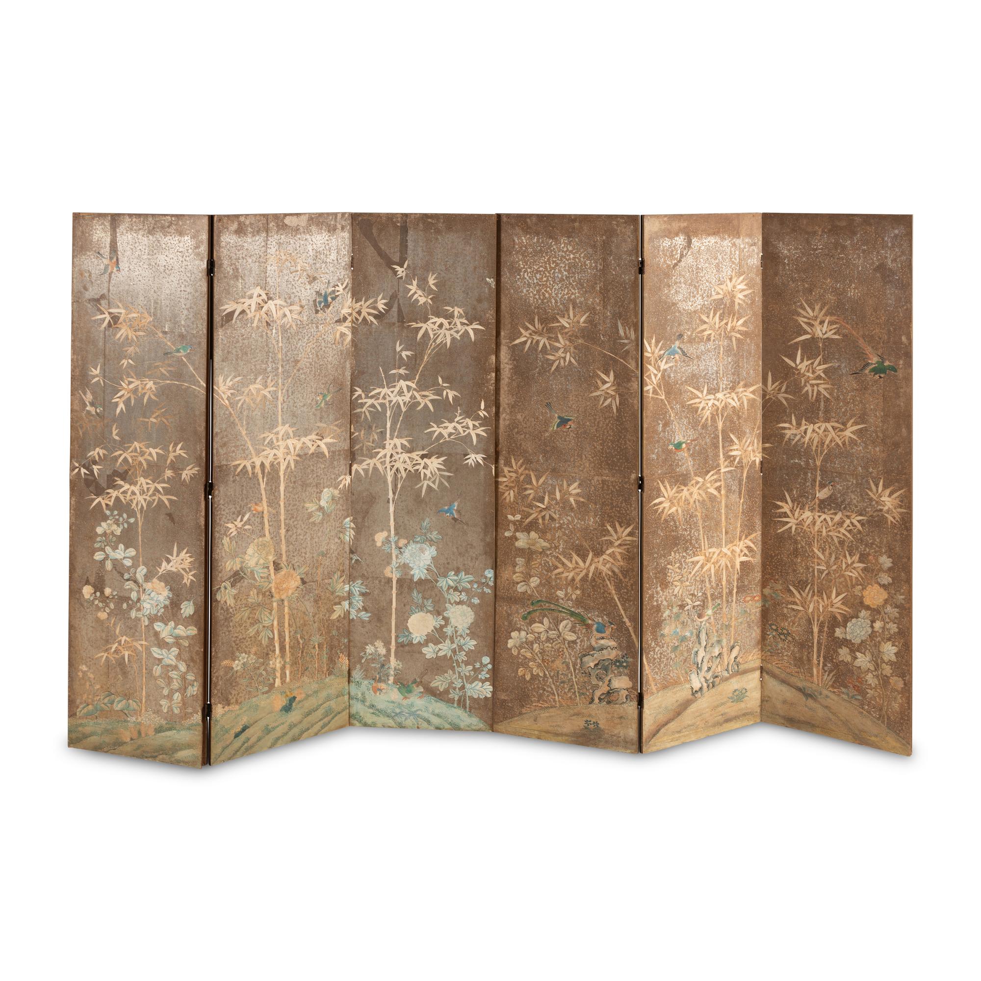A Painted Paper Six-Panel Floor Screen