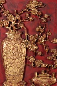 A Set of Four Chinese Gilt and Red Lacquered Wood 'Four Seasons' Panels