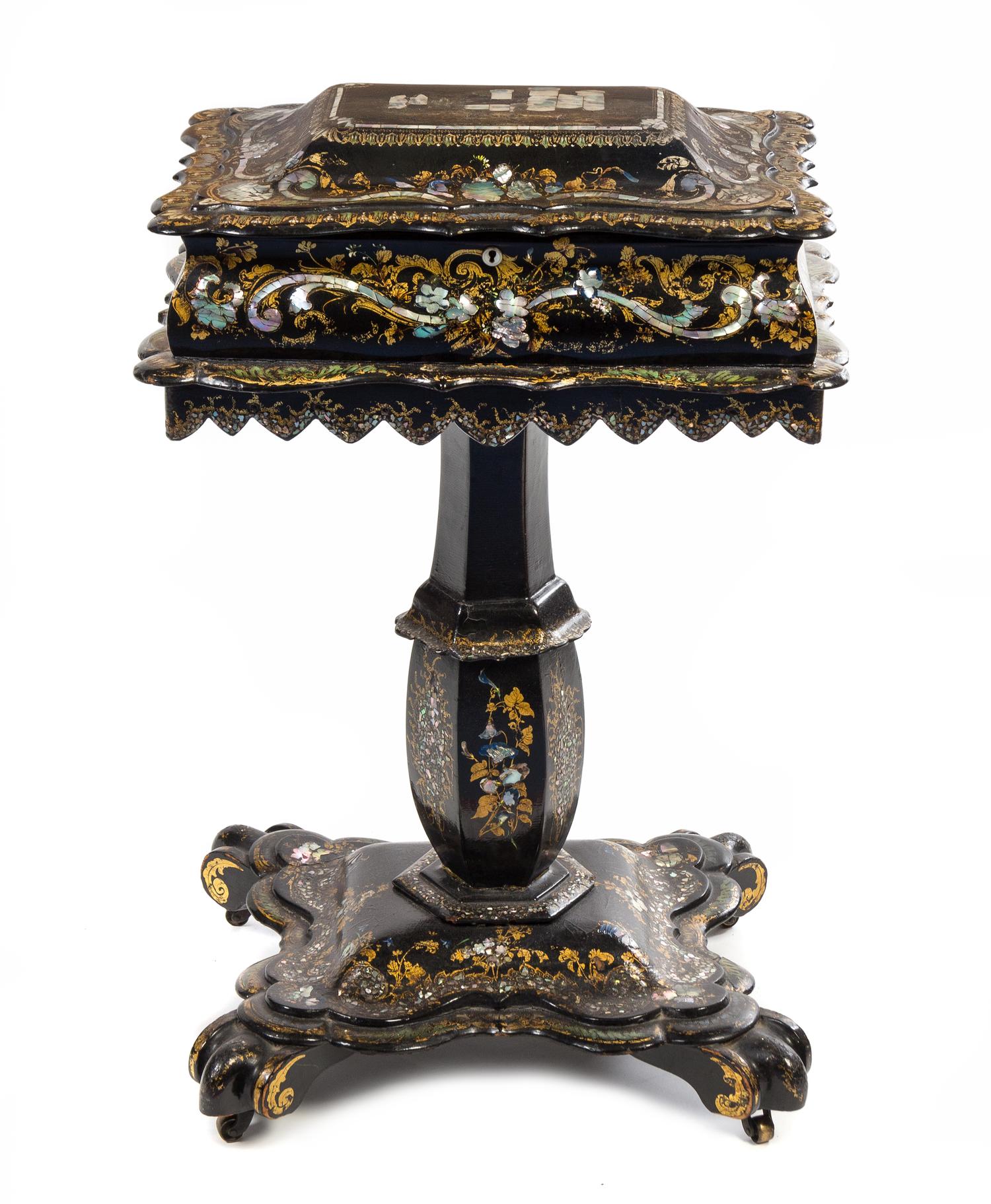 A Victorian Lacquered and Mother-of-Pearl Inlaid Work Table Height 30 1/2 x width 20 1/2 x depth 13 inches.