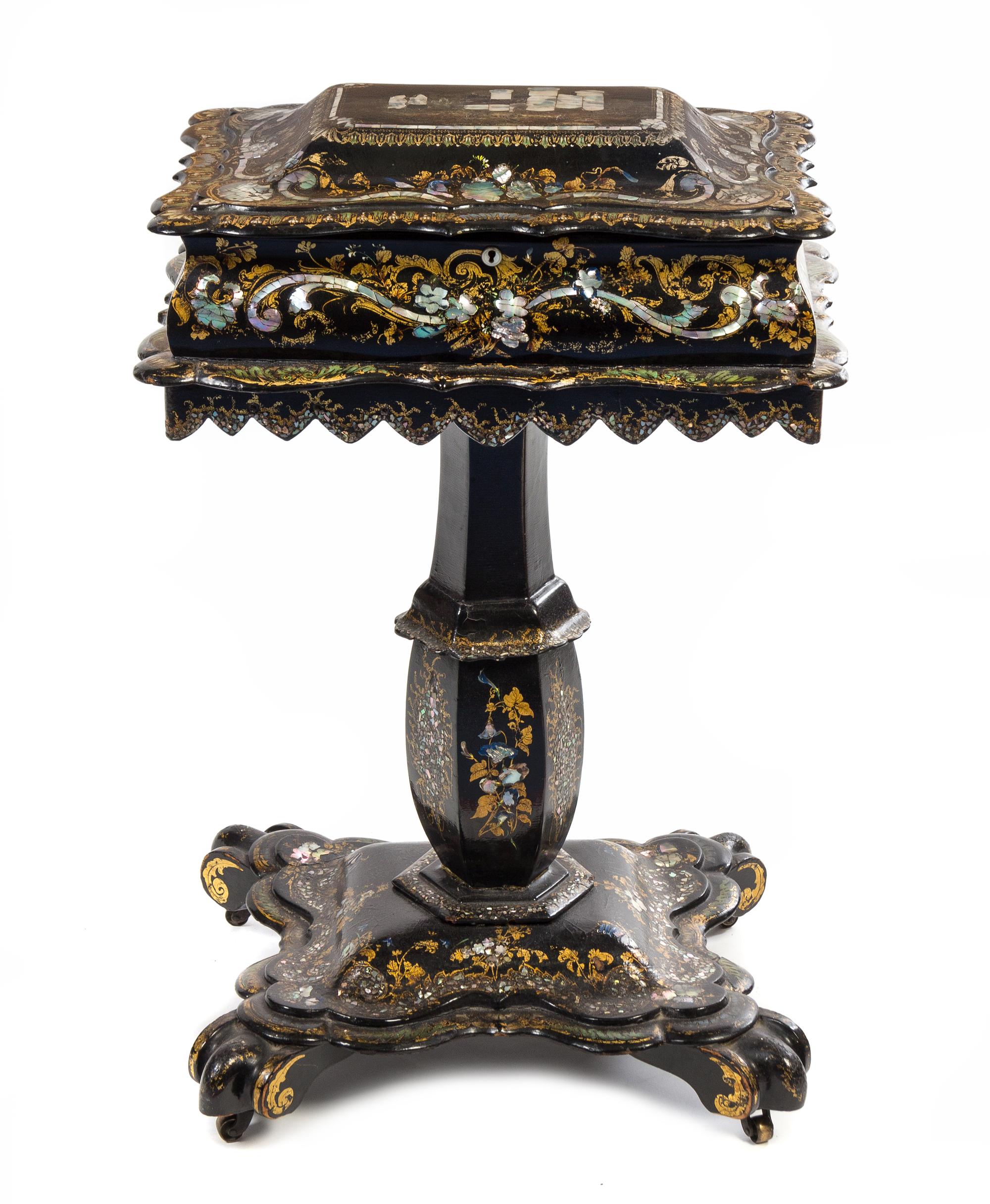 A Victorian Lacquered and Mother-of-Pearl Inlaid Work Table Height 30 1/2 x width 20 1/2 x depth 13 inches.