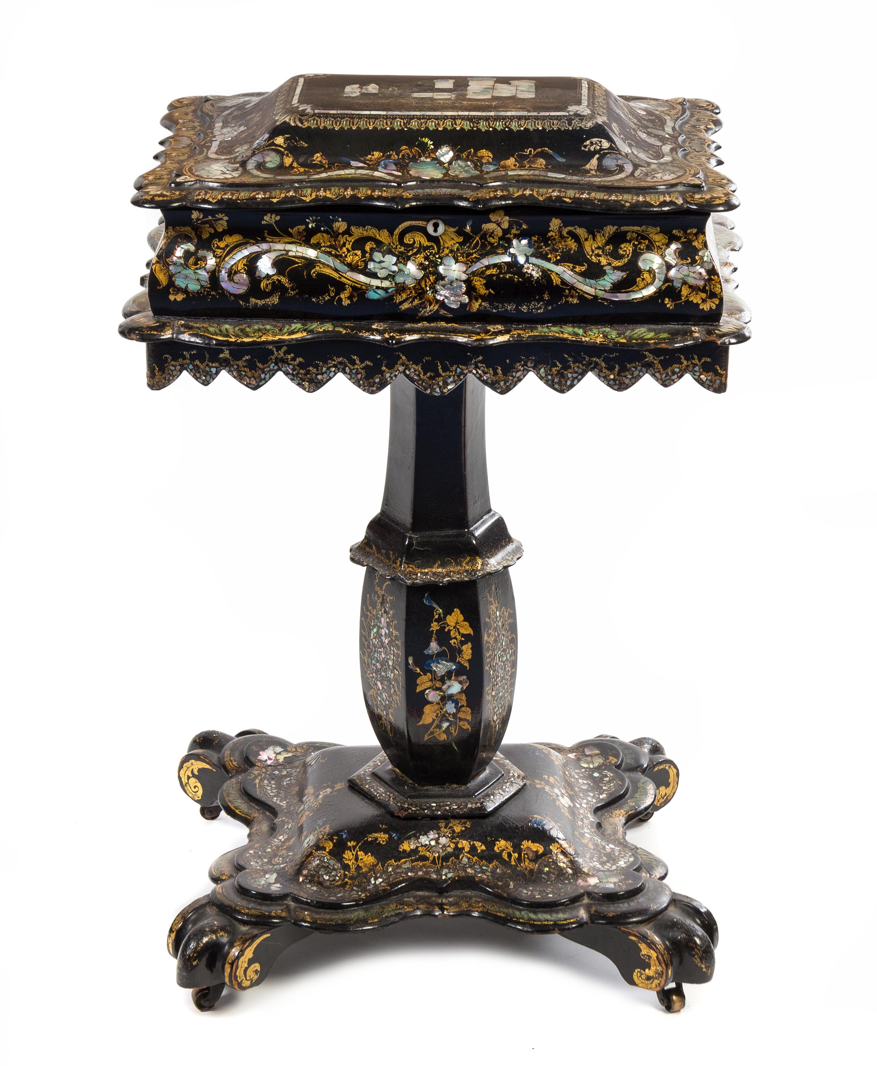 A Victorian Lacquered and Mother-of-Pearl Inlaid Work Table Height 30 1/2 x width 20 1/2 x depth 13 inches.
