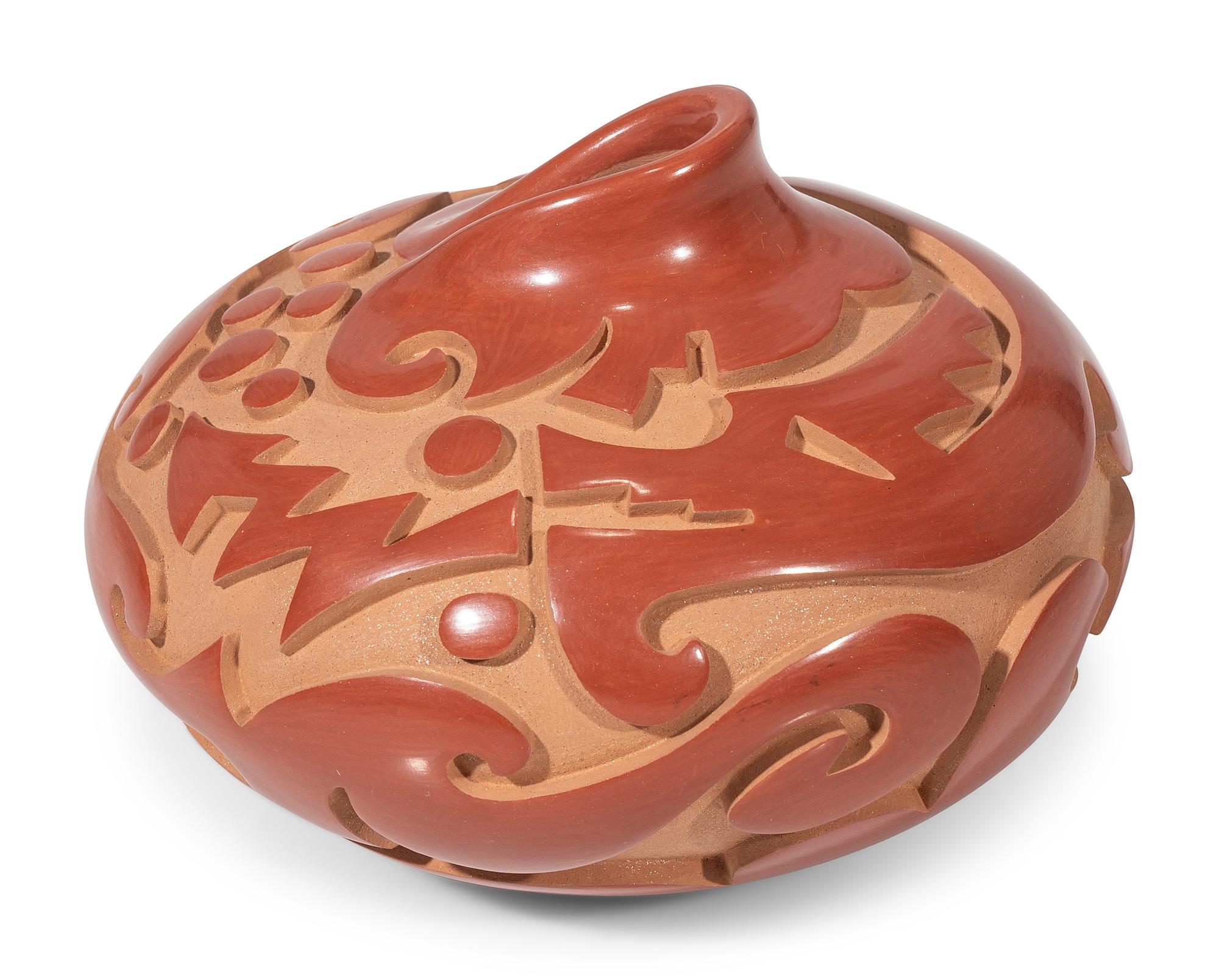Red and Tan Carved Pottery Vase, with Avanyu