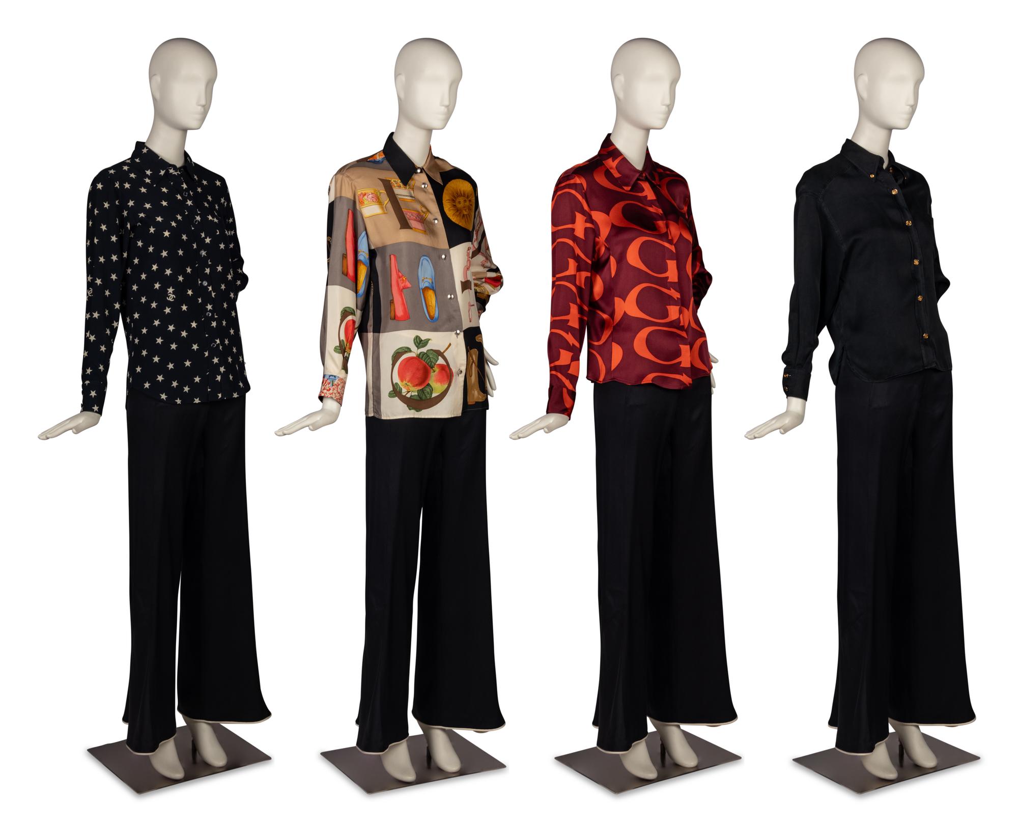 Group of Four Silk Tops by Chanel and Gucci, One Pair of Chanel Silk Pants