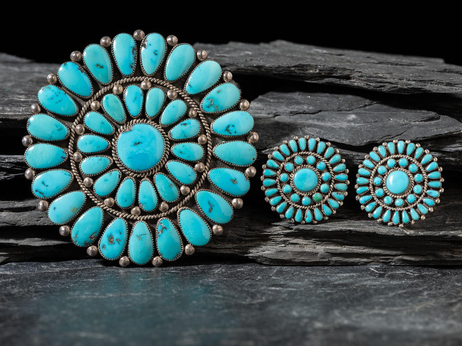 Large Silver and Turquoise Cluster Pin / Pendant, PLUS