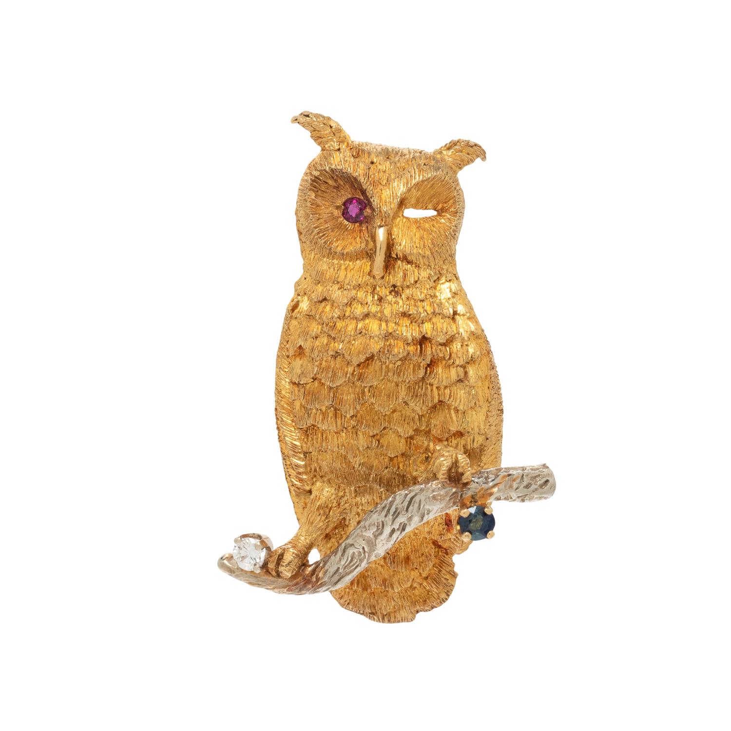 YELLOW GOLD AND MULTIGEM OWL BROOCH