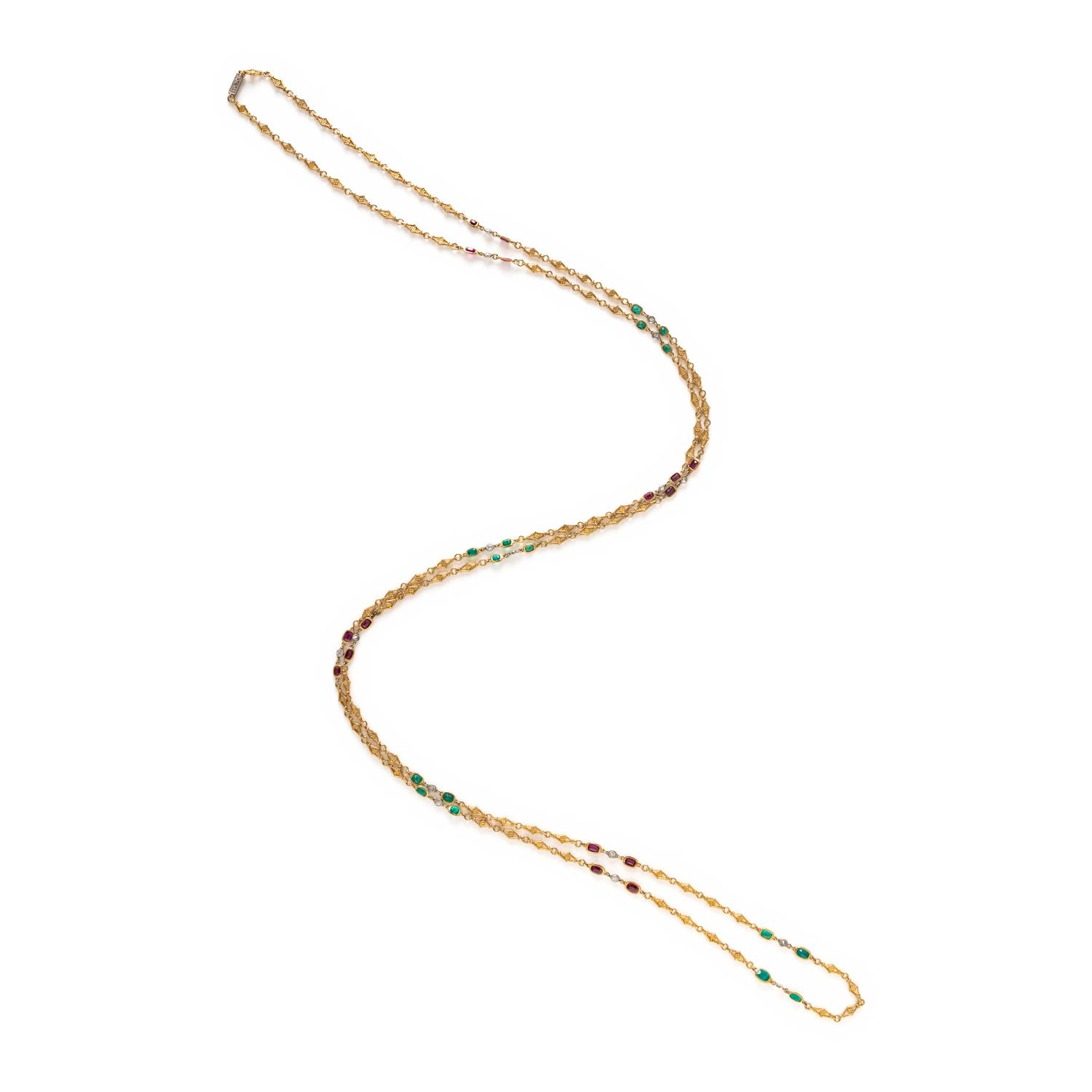 RUBY, EMERALD, DIAMOND, AND YELLOW GOLD FANCY LINK STATION NECKLACE