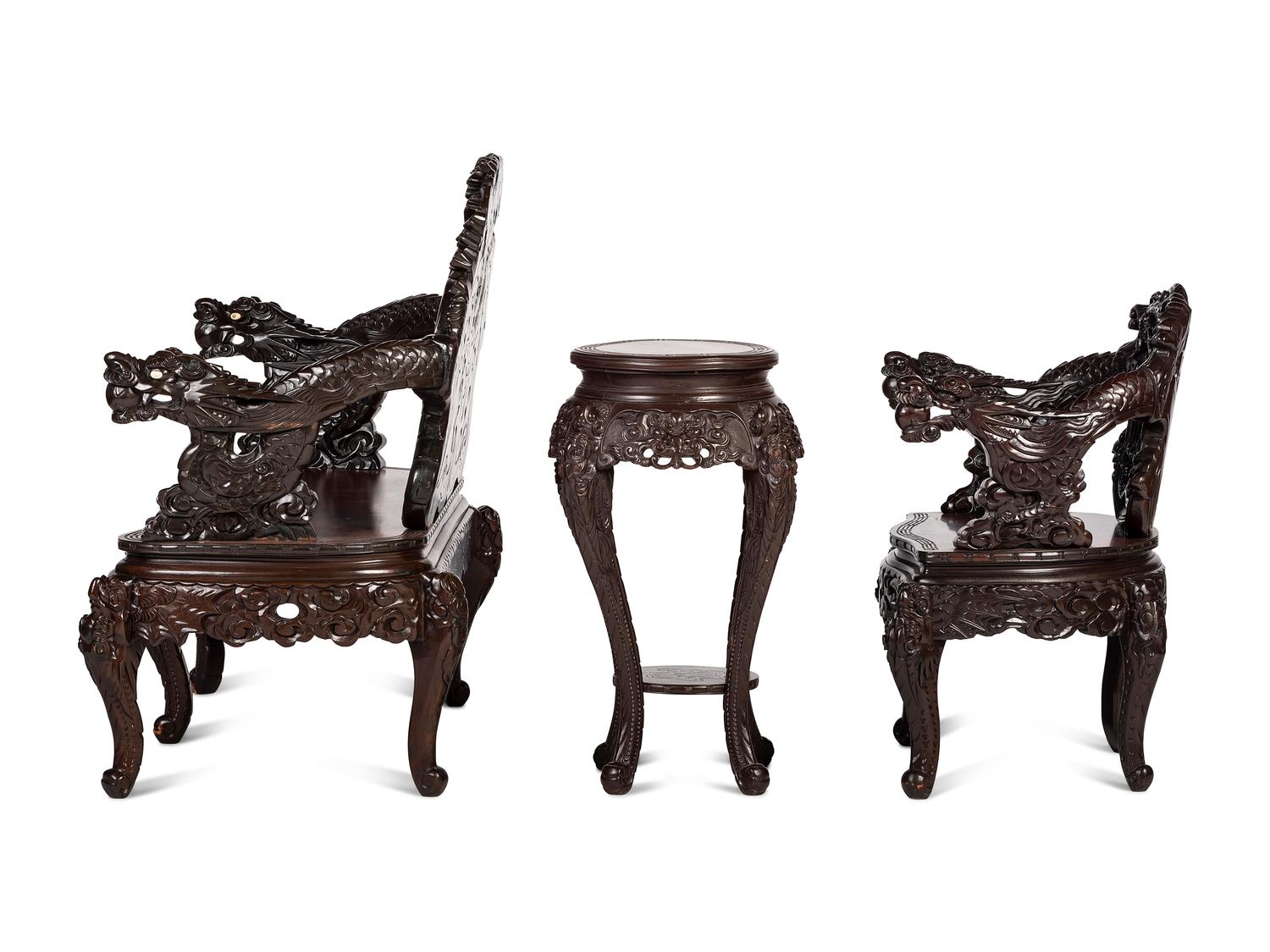 A Japanese Carved Hardwood Armchair, Settee and Marble Inset Stand