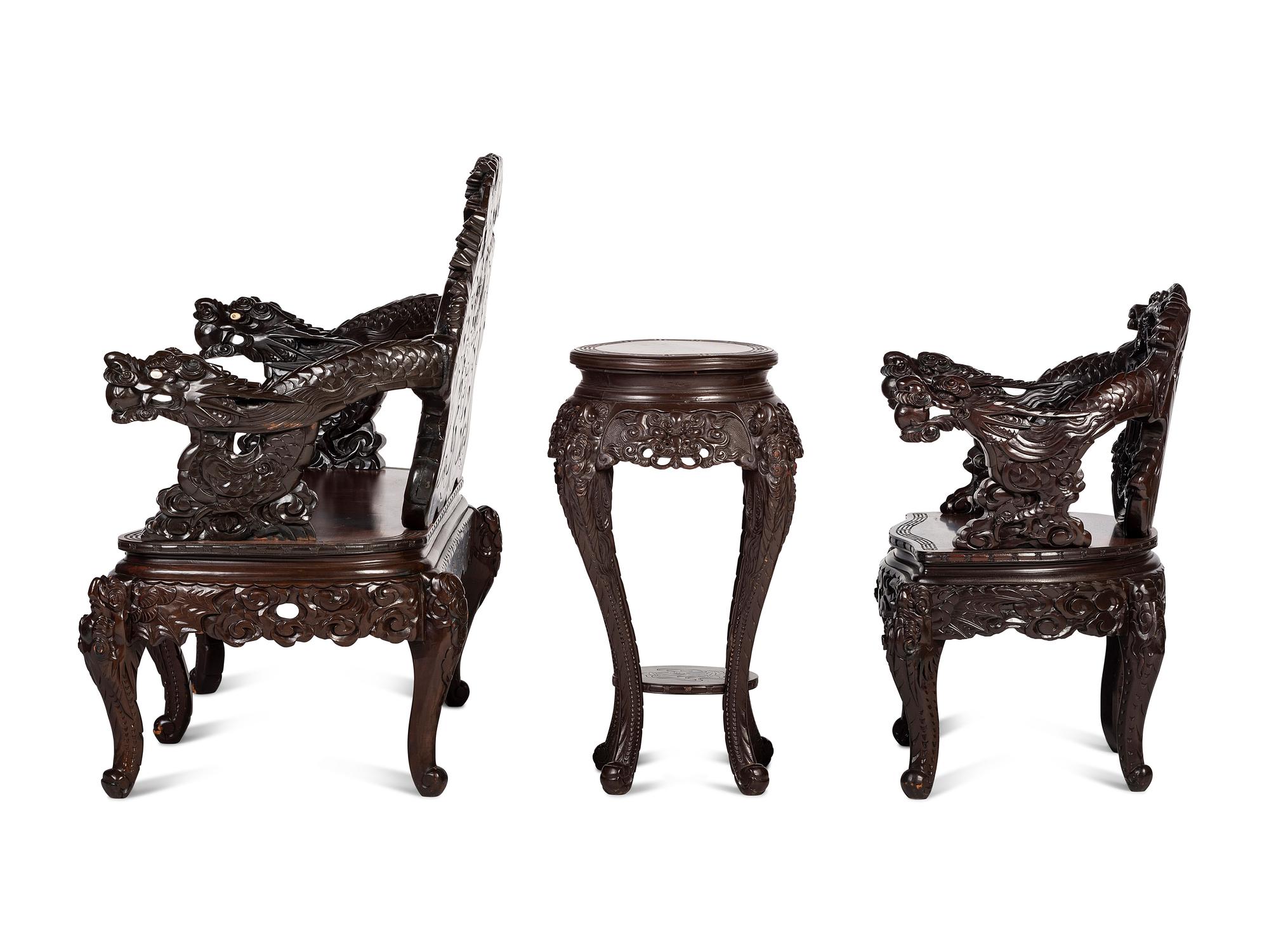 A Japanese Carved Hardwood Armchair, Settee and Marble Inset Stand
