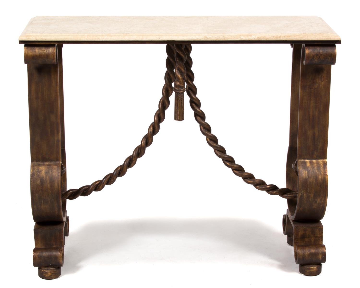 A Hollywood Regency Style Patinated Metal Console Table Height 3 1/2 x width 40 x depth 14 1/2 inches. — 20TH CENTURY