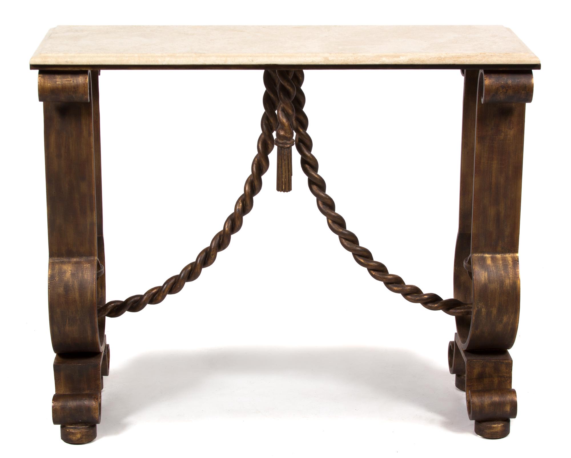 A Hollywood Regency Style Patinated Metal Console Table Height 3 1/2 x width 40 x depth 14 1/2 inches. — 20TH CENTURY