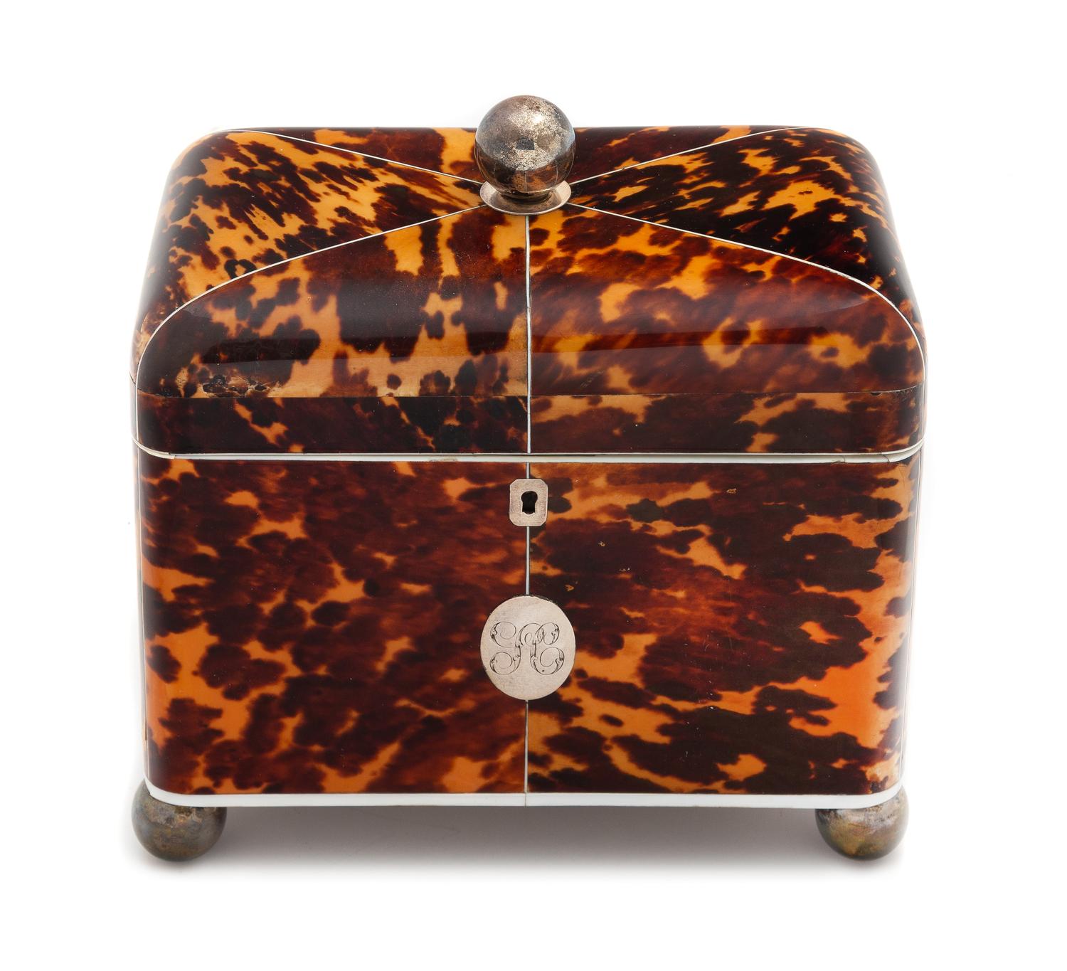 An English Silver Inlaid Tortoise Shell Tea Caddy Height 8 1/2 x width 8 x depth 4 3/4 inches. — 19TH CENTURY