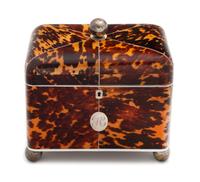 An English Silver Inlaid Tortoise Shell Tea Caddy Height 8 1/2 x width 8 x depth 4 3/4 inches. — 19TH CENTURY
