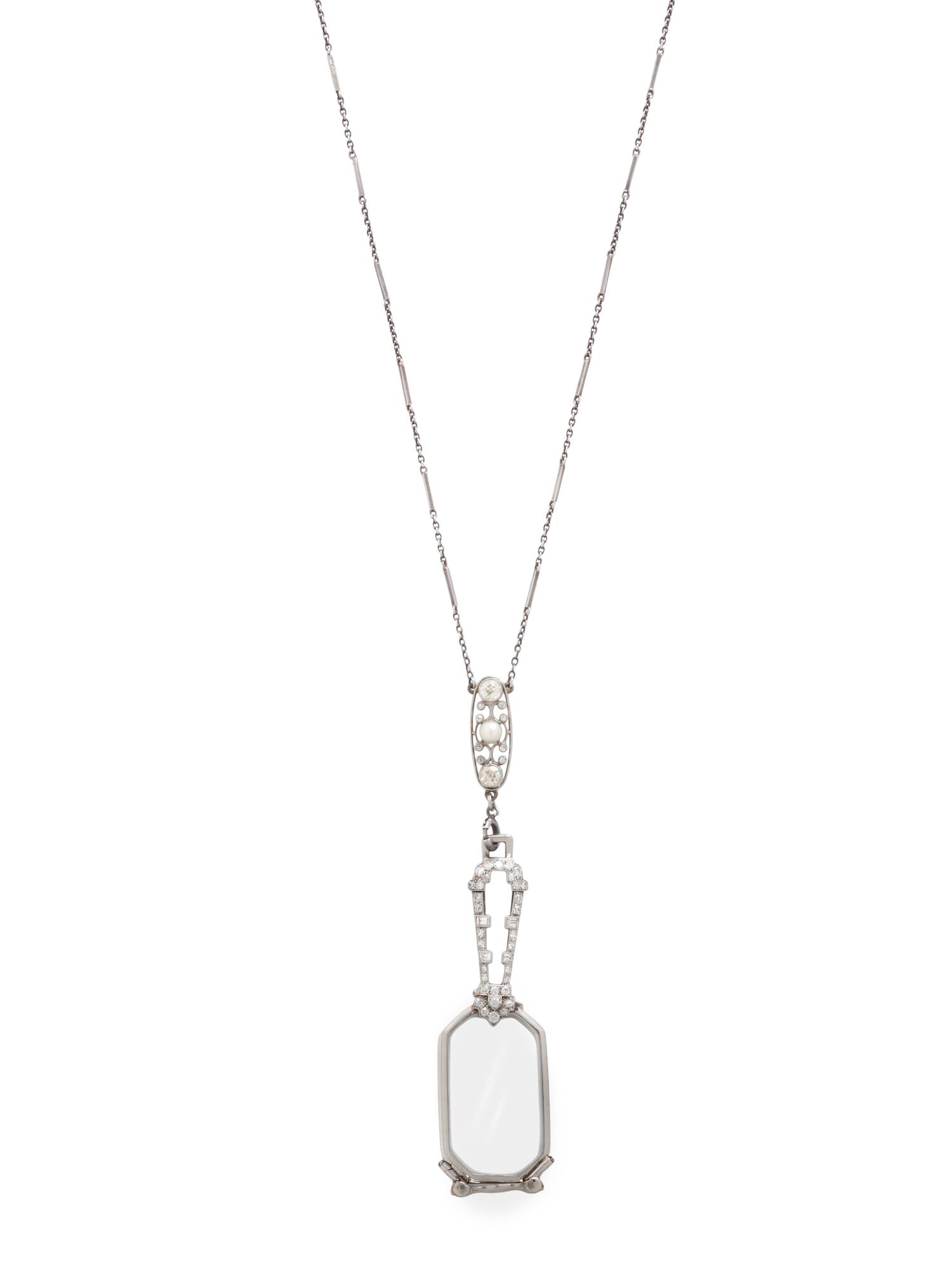 ART DECO, DIAMOND, ROCK CRYSTAL, AND PEARL LORGNETTE WITH EDWARDIAN CHAIN