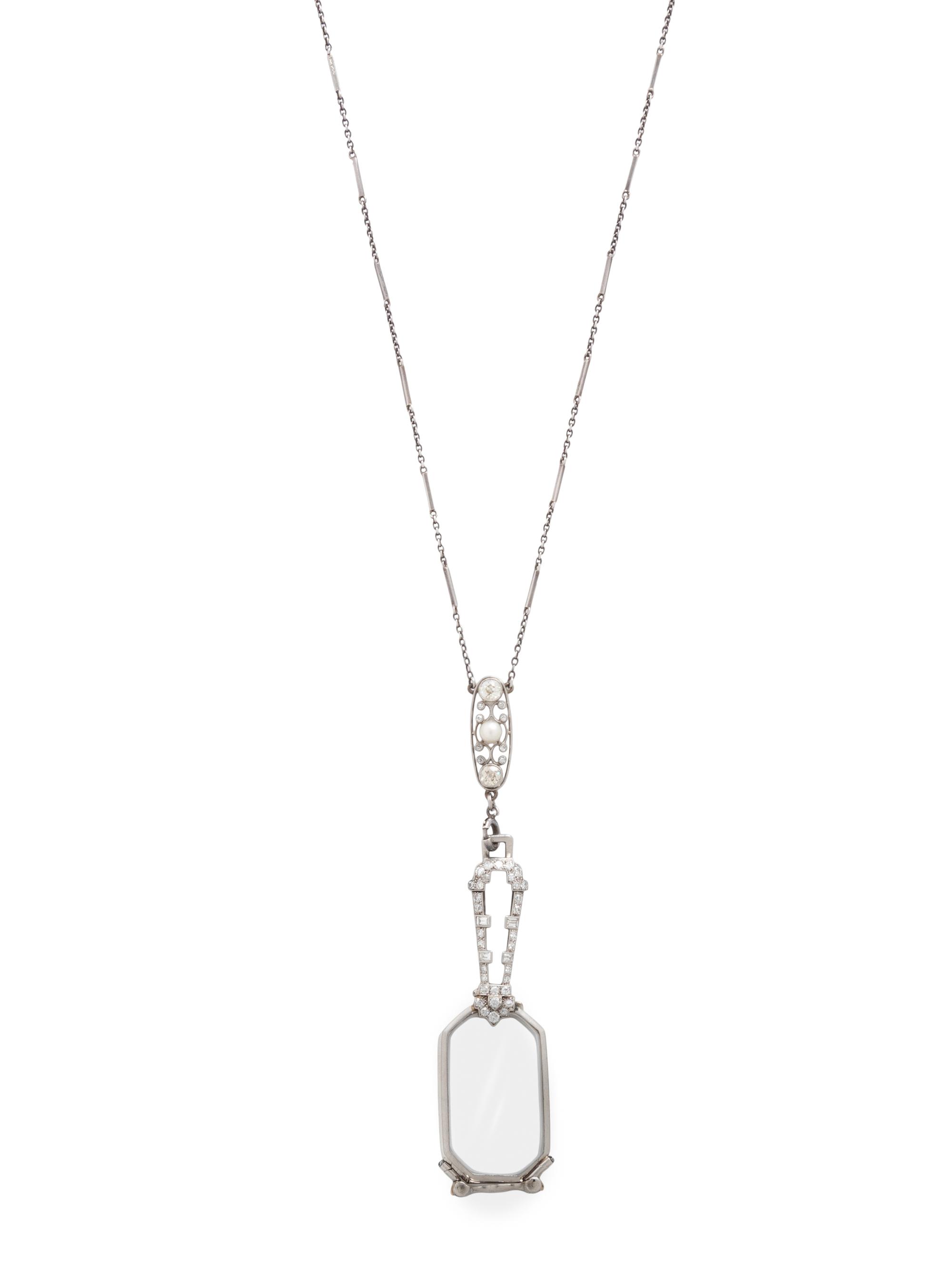ART DECO, DIAMOND, ROCK CRYSTAL, AND PEARL LORGNETTE WITH EDWARDIAN CHAIN