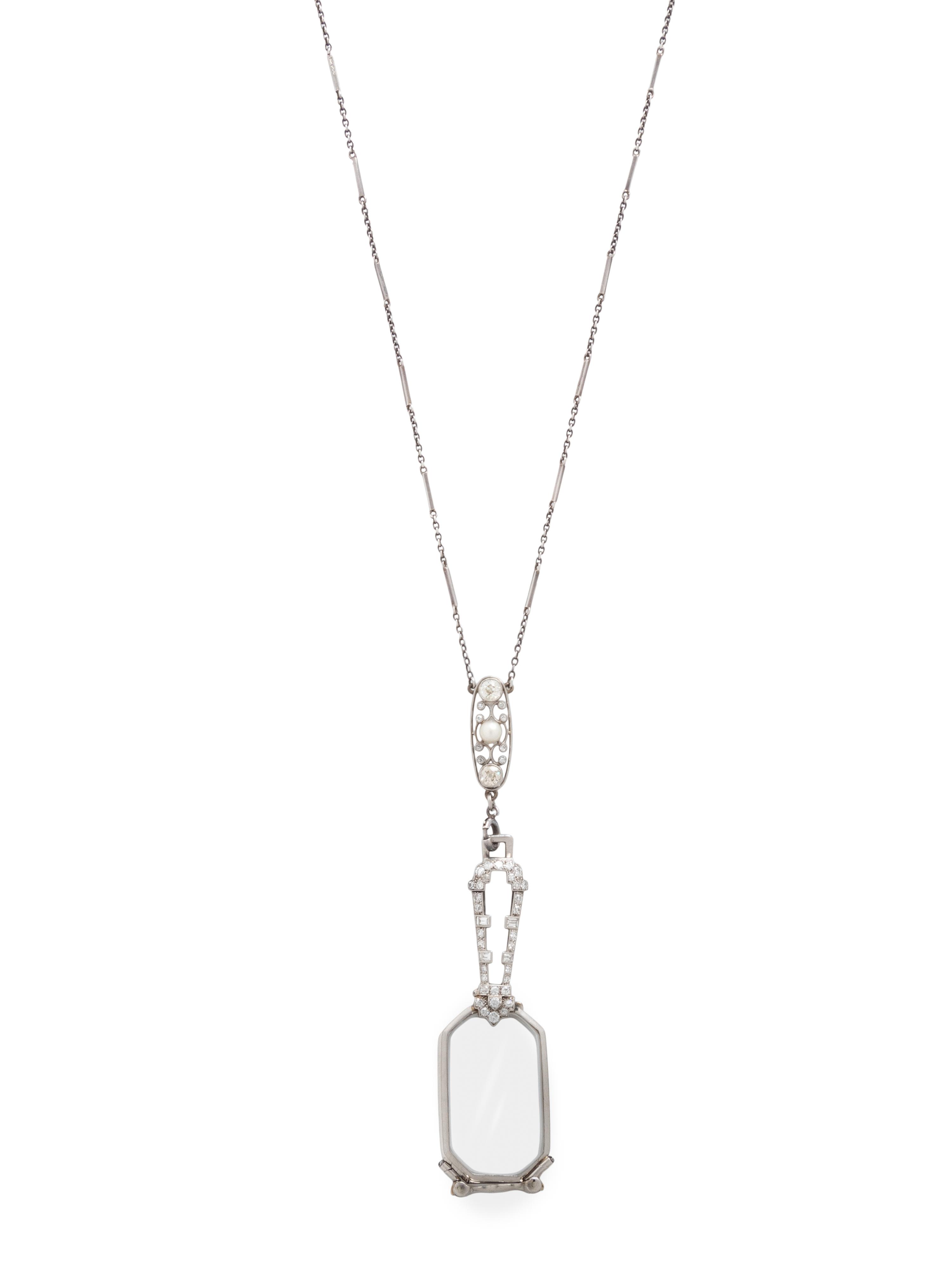 ART DECO, DIAMOND, ROCK CRYSTAL, AND PEARL LORGNETTE WITH EDWARDIAN CHAIN