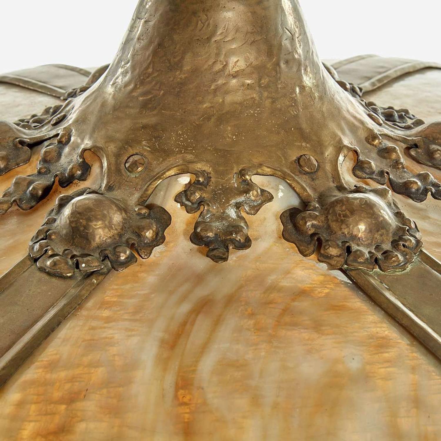 An Art Nouveau Style Patinated Bronze and Stained Glass Plafonnier Early 20th century