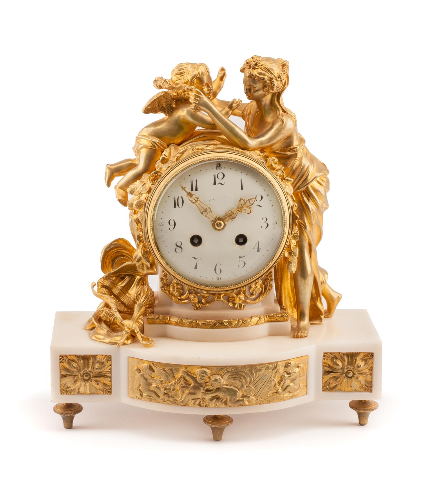 A French Gilt Bronze Mounted Marble Figural Mantel Clock Height 12 x width 11 x depth 5 1/2 inches. — LATE 19TH/EARLY 20TH CENTURY