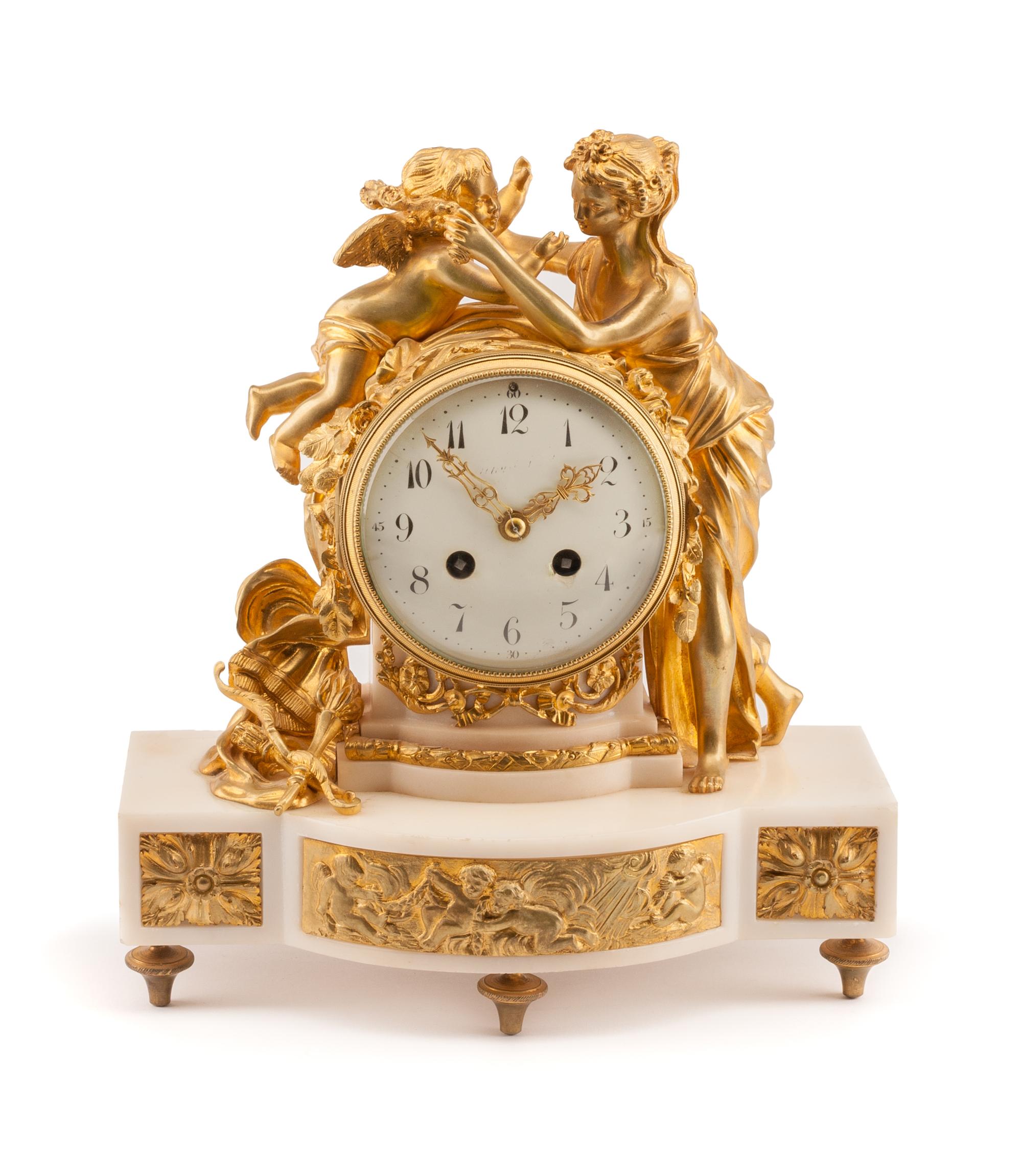 A French Gilt Bronze Mounted Marble Figural Mantel Clock Height 12 x width 11 x depth 5 1/2 inches. — LATE 19TH/EARLY 20TH CENTURY