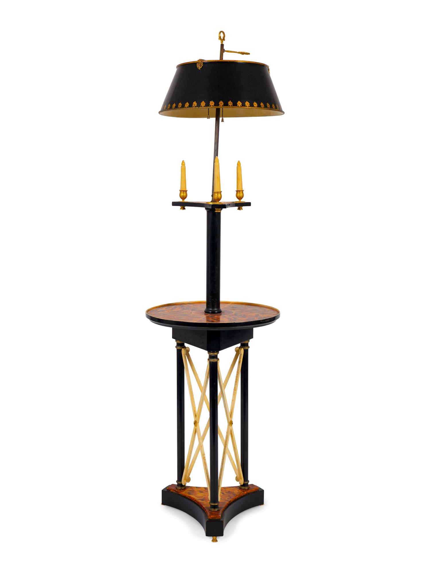 A Neoclassical Style Faux Tortoiseshell and Ebonized Tole Floor Lamp with Table — 20TH CENTURY