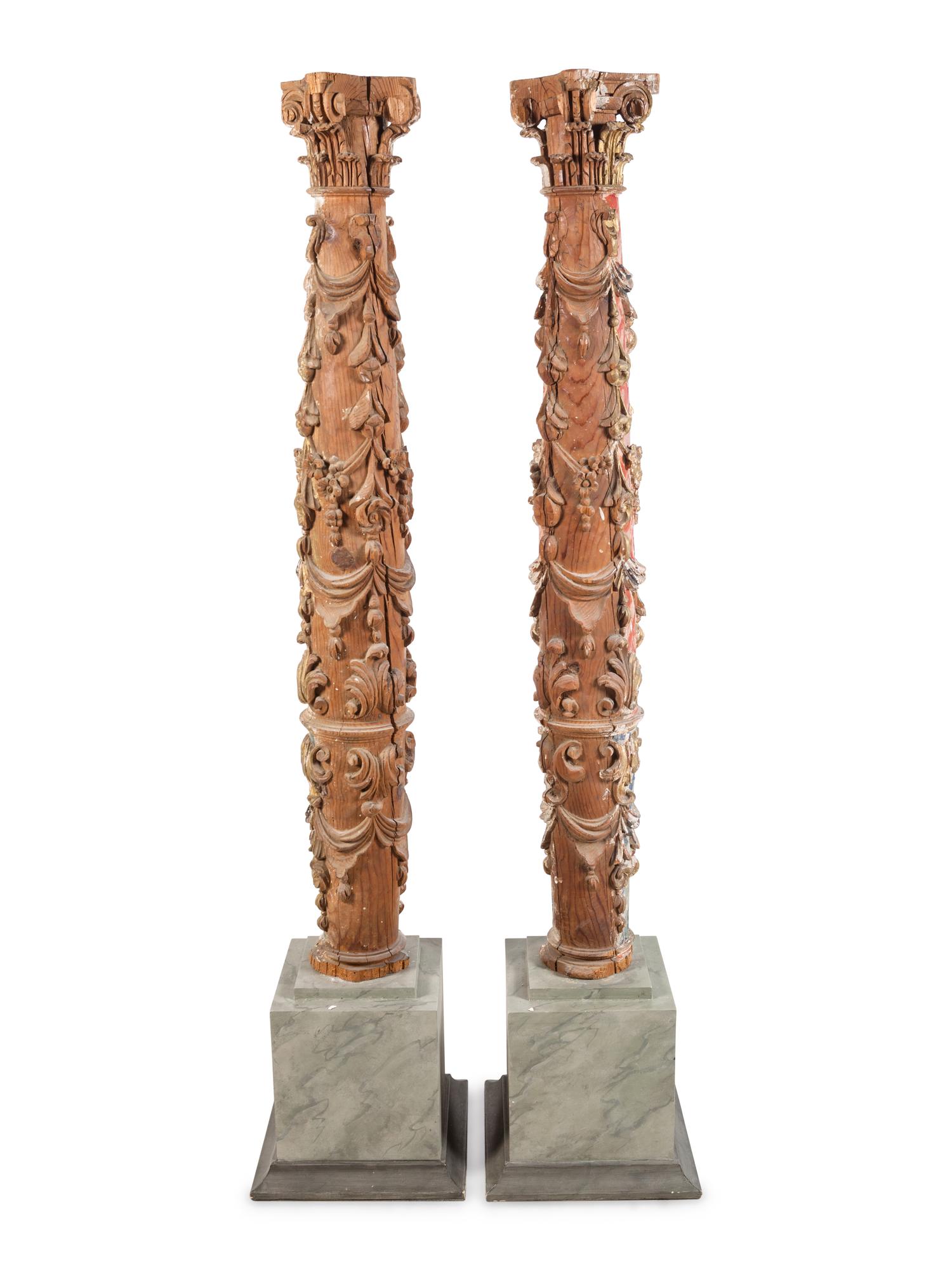 A Pair of Spanish Painted and Parcel Gilt Solomonic Columns