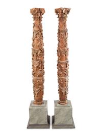 A Pair of Spanish Painted and Parcel Gilt Solomonic Columns