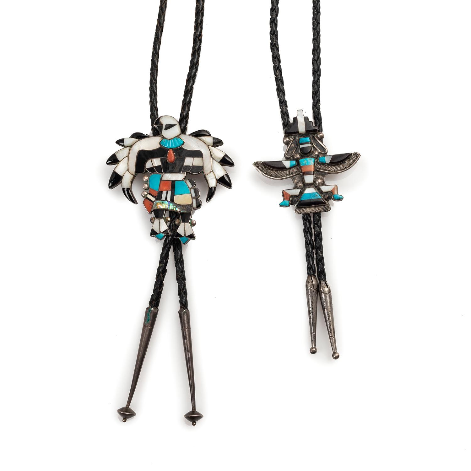 Zuni Mosaic Inlay Eagle Dancer and Knifewing Bolo Ties
