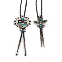 Zuni Mosaic Inlay Eagle Dancer and Knifewing Bolo Ties