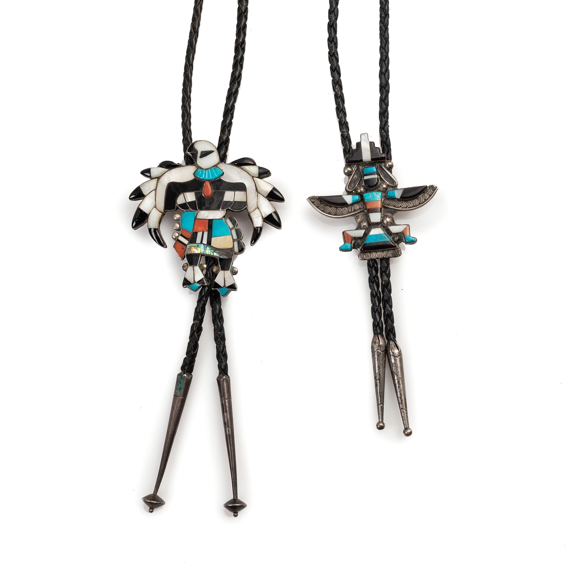 Zuni Mosaic Inlay Eagle Dancer and Knifewing Bolo Ties