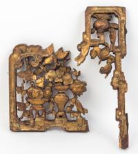 A Group of Four Chinese Gilt and Red Lacquered Wood Panels Height of largest 16 5/8 x width 10 7/8 inches.