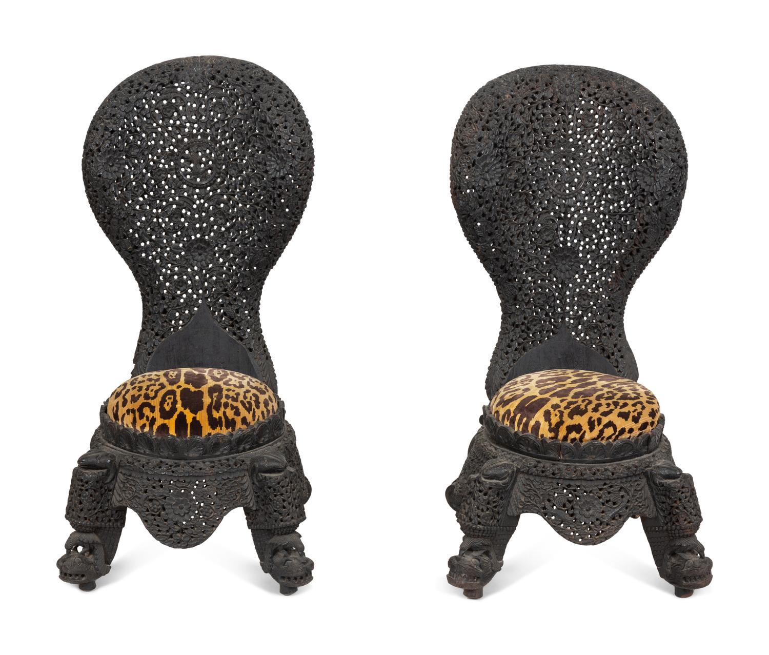 A Pair of Anglo-Burmese Carved Wood Side Chairs