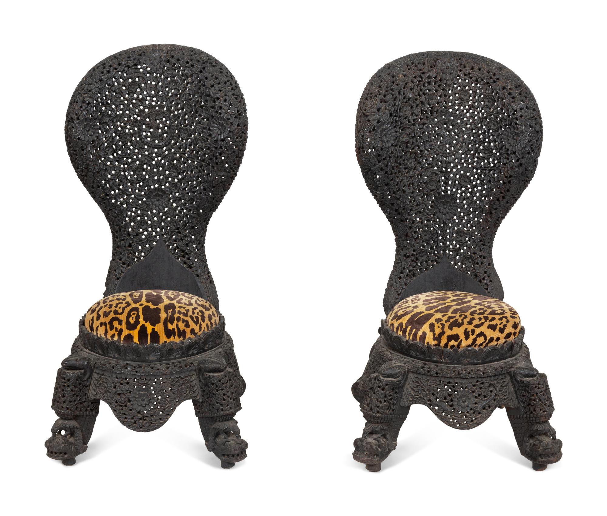 A Pair of Anglo-Burmese Carved Wood Side Chairs