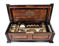 A Swiss Burlwood and Ebonized Interchangeable Cylinder Music Box with Cabinet, Ami Rivenc, Height 48 x width 38 x depth 28 inches.