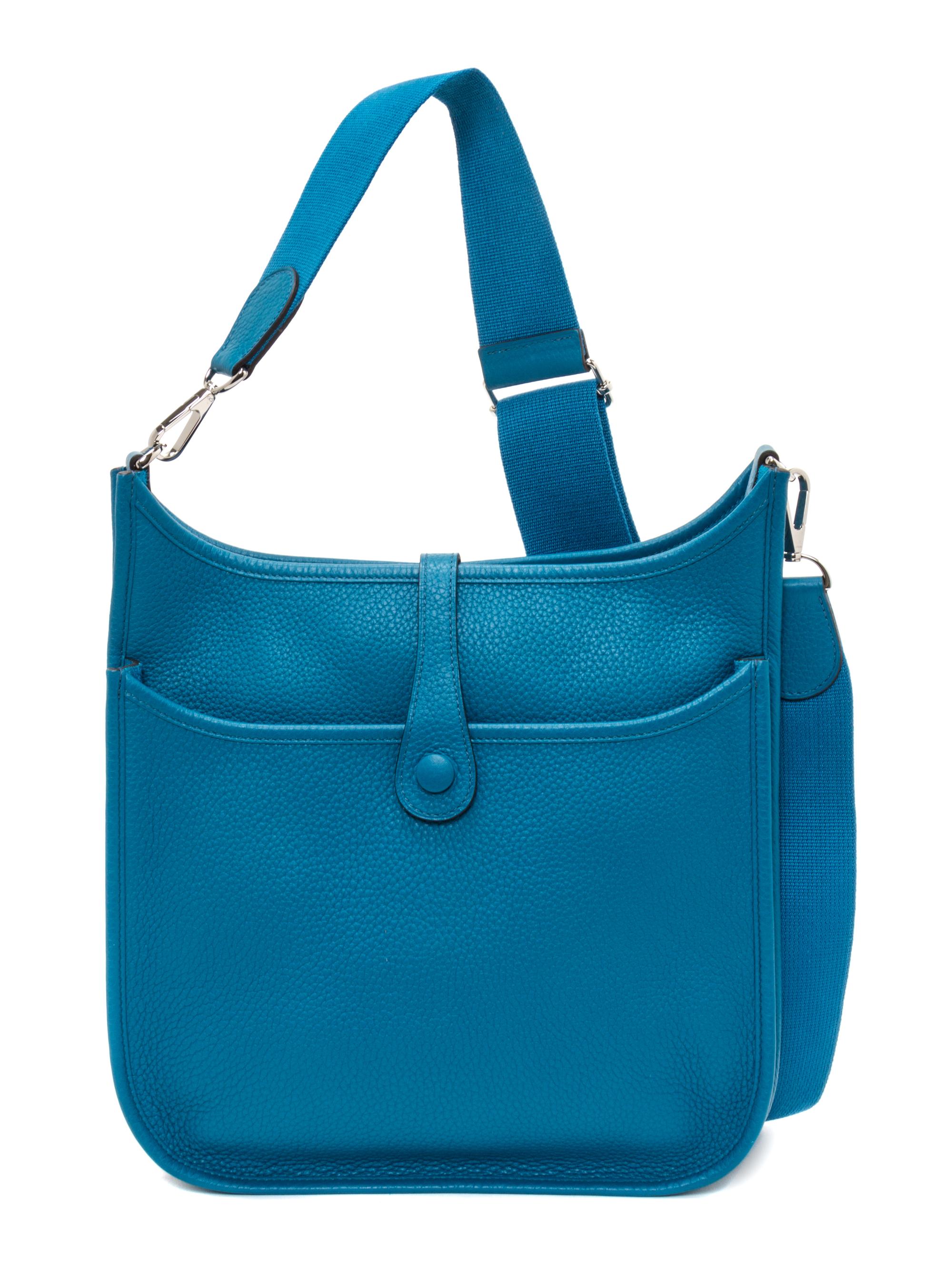 An Hermes Bleu Izmir Taurillon Clemence Evelyne III PM Handbag, 11.25" x 12" x 2.5".