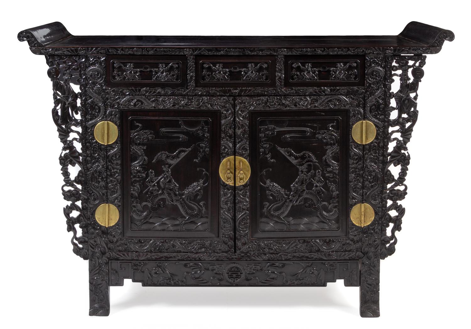 A Large Zitan Altar Coffer, Liansanchu Height 49 1/4 x width 72 x depth 22 inches.