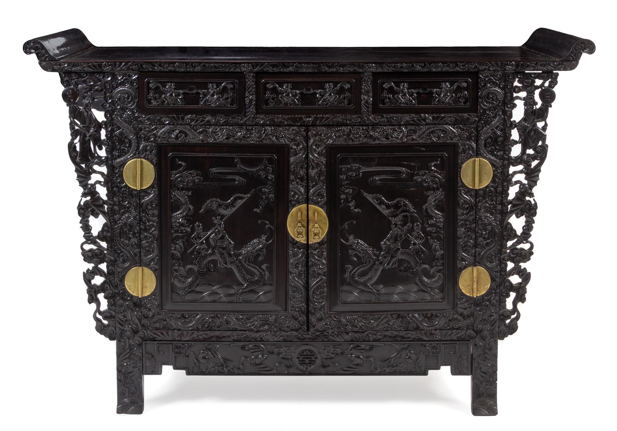 A Large Zitan Altar Coffer, Liansanchu Height 49 1/4 x width 72 x depth 22 inches.