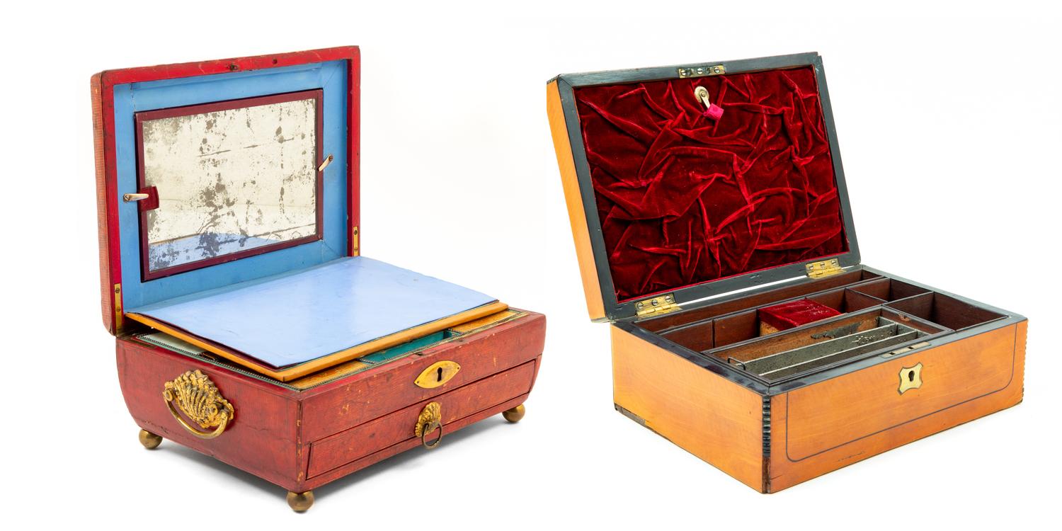 Two Regency Brass Inlaid Sewing Boxes Larger example: height 4 3/8 x width 11 x depth 8 inches. — 19TH CENTURY