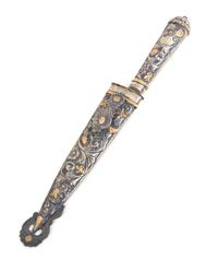 An Argentinian Silver and Gilt Inlaid Knife, Length 12 3/4 inches.