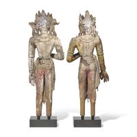 A Pair of Tibetan Painted and Parcel Gilt Wood Figures of Bodhisattvas, 19th Century — 十九世紀 巨型木雕彩繪藏傳佛教菩薩像一對
