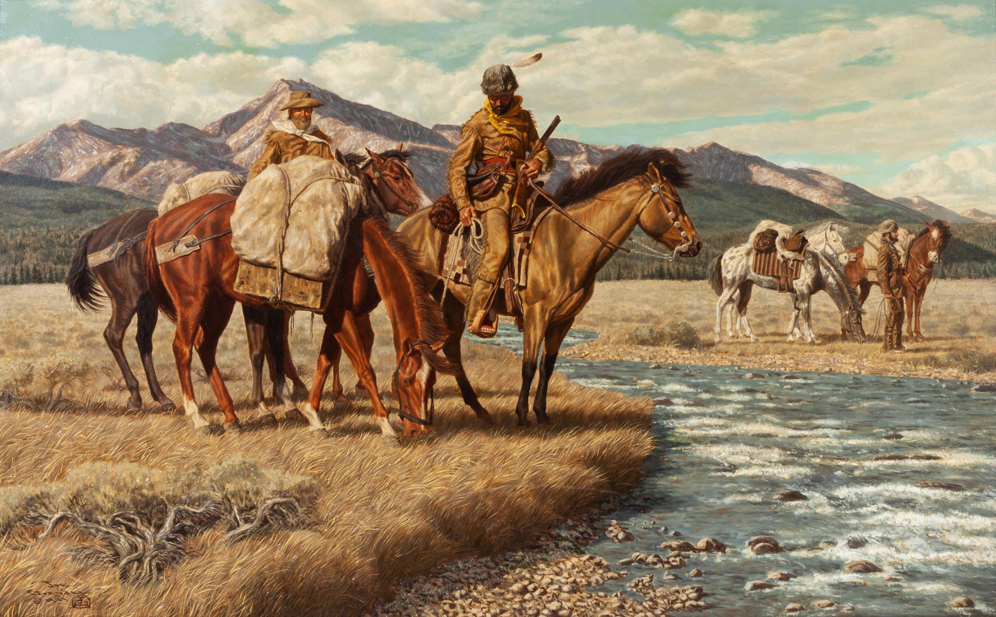 Pioneers on Horseback at a Stream