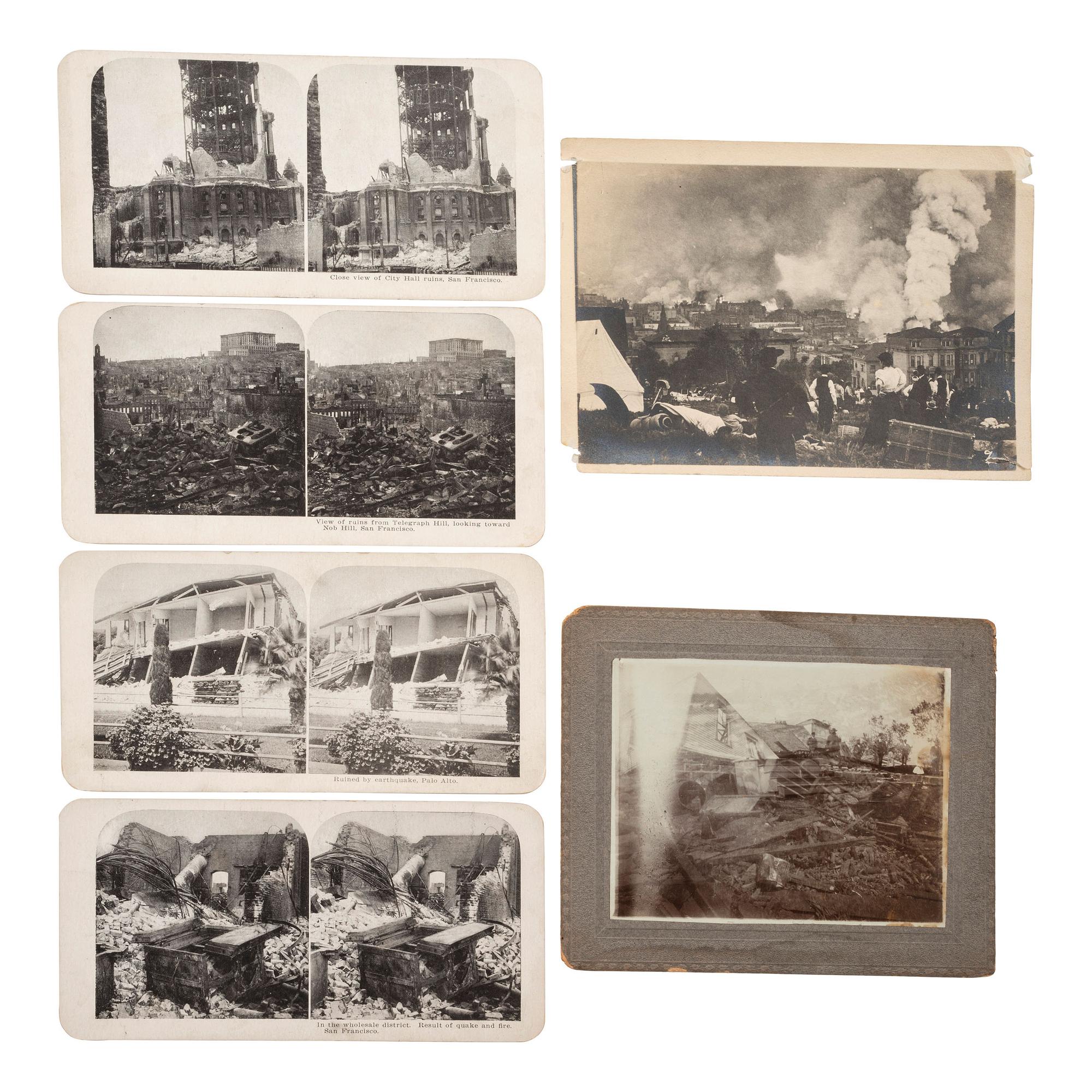 [CALIFORNIA]. A group of stereoviews and photographs of the San Francisco area, including depictions of earthquake and fire aftermath, comprising:
