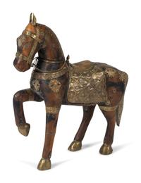A Moroccan Carved Wood and Brass Horse — 20TH CENTURY
