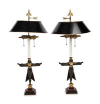 A Pair of Egyptian Revival Parcel Gilt Bronze Figures Mounted as Lamps with Tole Shades